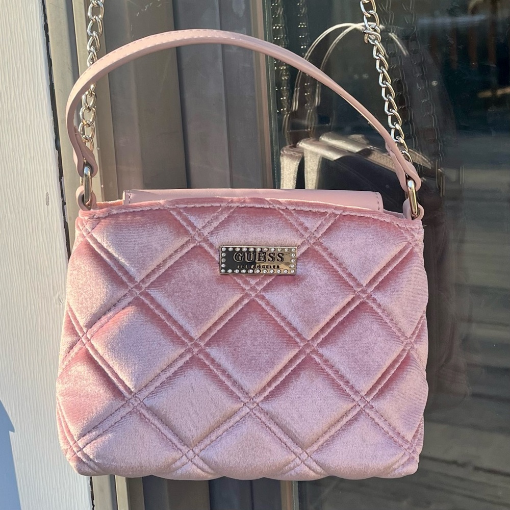 Guess Nina pink velvet quilted mini bag